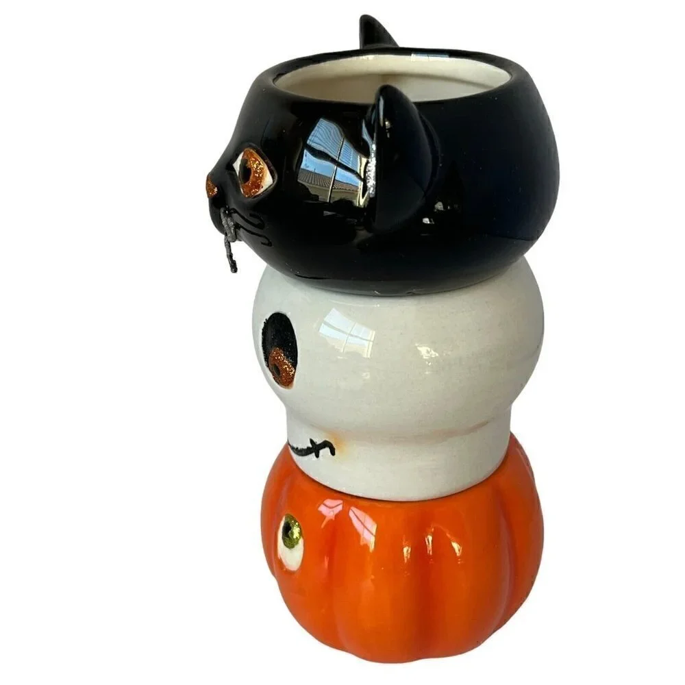 Hallmark Spooky Tea Light Candle Holder Set Cat Pumpkin Skull Figural Halloween